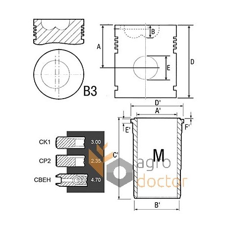 Поршнекомплект двигуна 3218461R95 Case-IH, 3 кільця, [Bepco]