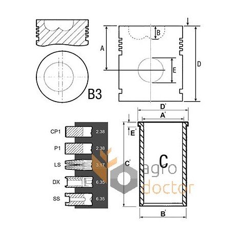 Поршнекомплект двигуна 3637428M91 Perkins,( 5 кілець), [Bepco]