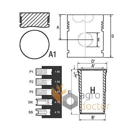 Поршнекомплект двигуна U5MK0036 Perkins, 5 кілець, [Bepco]