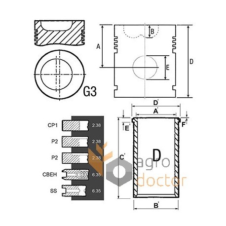 Поршнекомплект двигуна U5MK0038 Perkins, 5 кілець, [Bepco]